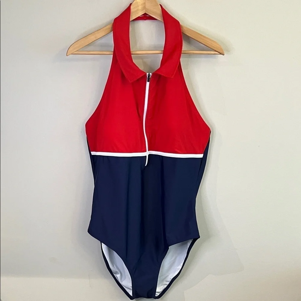 NWOT Ladies Red and Blue Zipped  backless One Piece Swimsuit XL ( slim) - Picture 2 of 4
